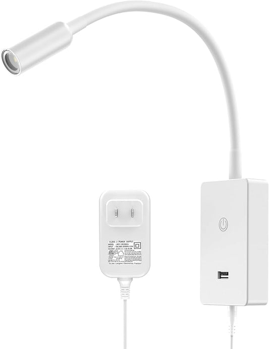 LED Wall Mounted Bedside Reading Light, Touch Dimmable Spot Lamp for Bedroom Headboard Light with 5V2A USB Port, Flexible Gooseneck, 4 Brightness Levels, Neutral White 4000K Lighting