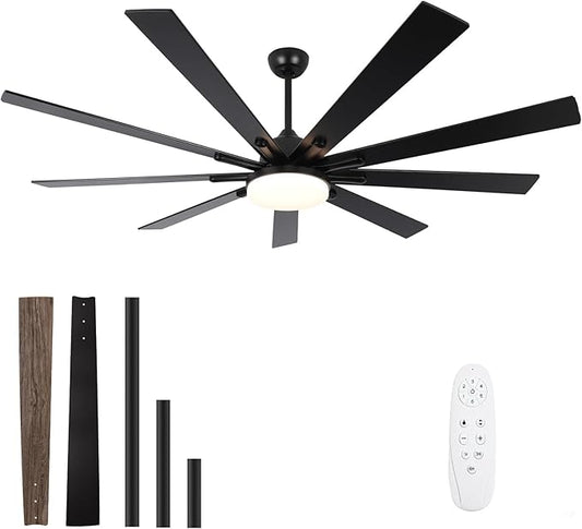 72 Inch Outdoor Ceiling Fan, Black Ceiling Fan with Light and Remote, 9 Fan Blades, Dimmable, Reversible, 6-Speeds, 3-Colors Temperature, for Living Room, Bedroom