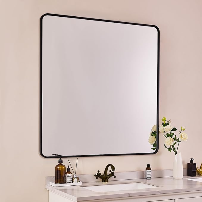 ANDY STAR 40X36 Inch Black Bathroom Mirror, Black Bathroom Vanity Mirrors for Wall, Rounded Rectangle Mirror for Bathroom, Seamless Tube Metal Frame, 1'' Deep Wall Mounted Vertical/Horizontal