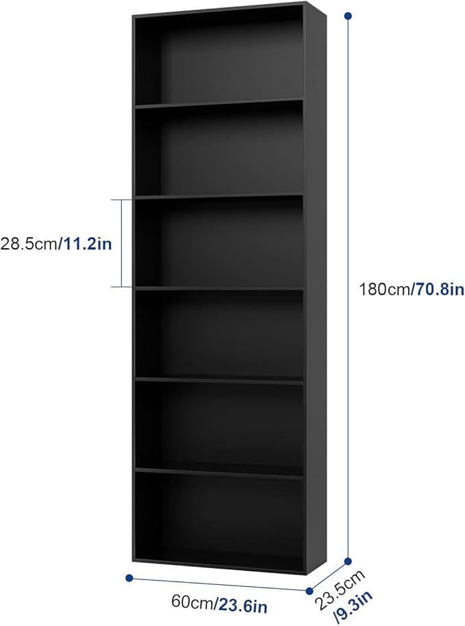 FOTOSOK 6-Tier Open Bookcase and Bookshelf, Freestanding Display Storage Shelves Tall Bookcase for Bedroom, Living Room and Office, Black