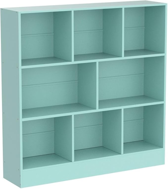 LEYAOYAO 8 Cube Bookshelf with Base,3 Tier Modern Mint-Green Kids Bookcase,Standing Wide Bookshelfs Storage Organizer Toy Shelf,Wood Display Children's Book Shelves for Bedroom,Living Room,Nursery