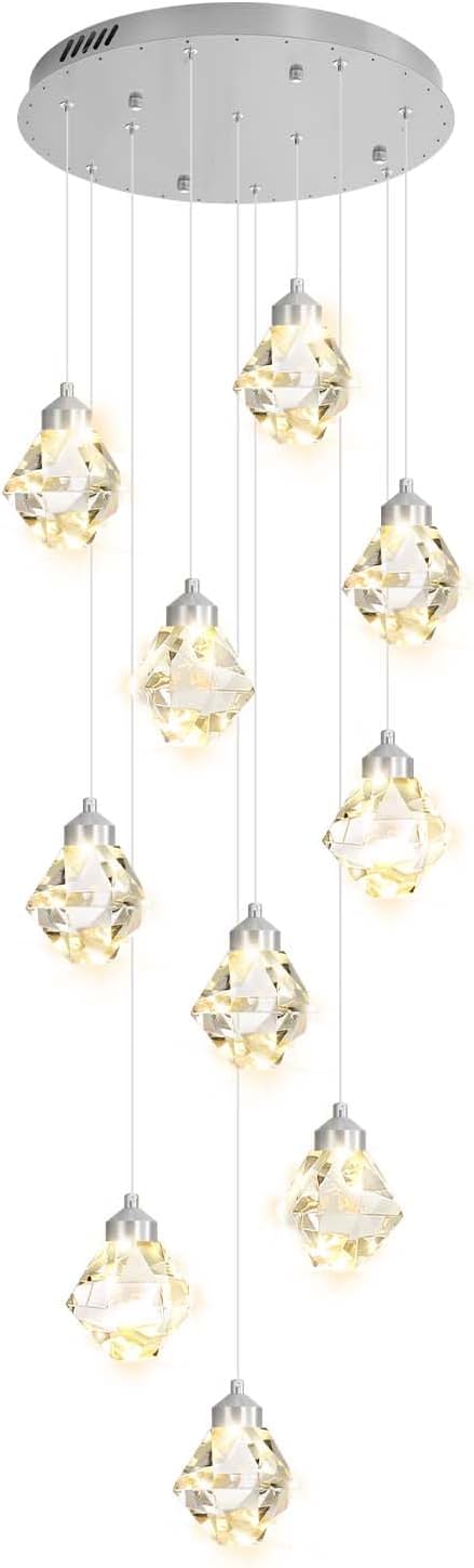 10-Light Modern Chandeliers for Foyer Crystal Chandelier for Living Room Chrome Pendant Light Staircase Chandeliers for High Ceilings Dimmable LED Hanging Light with Remote