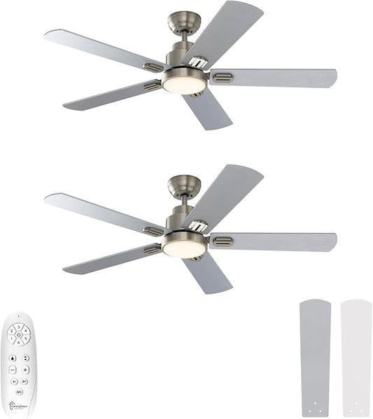 warmiplanet 52 Inch Indoor Ceiling Fans with Lights and Remote Control, DC Slient Motor, Dimmable, Reversible, Timmer, 3 CCT, Brushed Nickel, 2 Pack