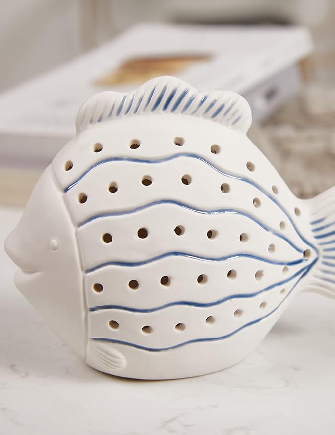 SEINHIJO Fish Statue Sculpture Ocean Decor Gifts Modern Figurine Ceramic Arts LED Light 5.5inch