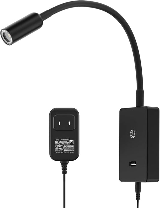 Touch Dimmable LED Wall Mount Bedside Spot Lamp, Black Flexible LED Wall Sconce Reading Light for Bedroom, 4 Brightness Levels (100%- 70%- 35%- 15%), Neutral White Lighting, 5V2A USB Output