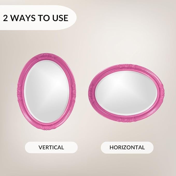 Howard Elliott Queen Ann Oval Glossy Hot Pink Wall Mirror, Oval Bevelled Hanging Wood Framed Vanity Mirrors for Home Decor, Living Room, Bathroom, Bedroom, or Hallway, 25 x 33 Inch