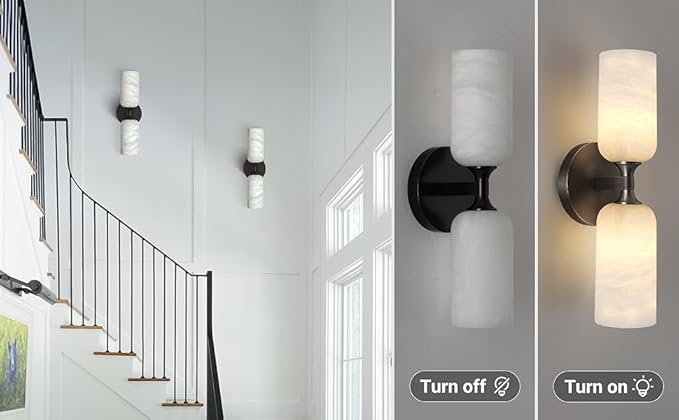 14in Modern Spanish Natural Marble Bathroom Vanity Sconces, Alabaster Wall Sconces Set of Two, Black Alabaster Sconce Wall Lighting, Black Wall Light Fixtures Decor
