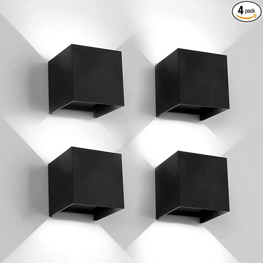 12W 4Pack Outdoor Wall Lights Exterior/Interior,LED Black Outdoor Wall Sconces Light Fixtures Modern,IP65 Waterproof Square Aluminum Wall Lamps, Up and Down Lights 6500K Cold Lights