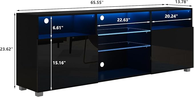 St.Mandyu LED TV Stand for 65/75 inch TV, Modern Television Table Center Media Console with Drawer and Led Lights, High Glossy Entertainment Center for Living Game Room Bedroom(Black)¡