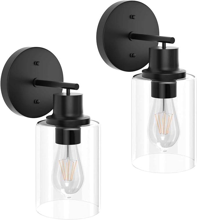 GORDNWE Set of 2 Bathroom Wall Sconce, Matte Black Vanity Light, Modern Wall Light Fixture with Clear Glass Shade and E26 Bulb Base, Wall Lamp Wall Mount Light Fixtures for Mirror, Bedroom
