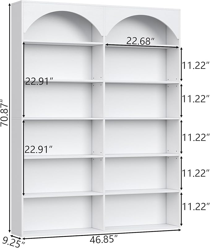 70.8'' Tall Bookshelf and Bookcase, 7-Tier Double Wide Bookcase Modern Large Open Display Shelves with Curved Baffle for Home Office Living Room (White)