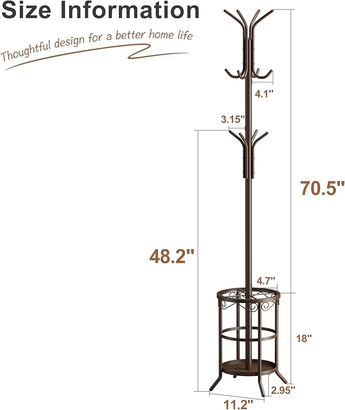 FILWH Freestanding Coat Rack With Umbrella Stand and 12 Hooks - Metal Coat Tree, Hat and Jacket Hanger for Entryway (Brown)