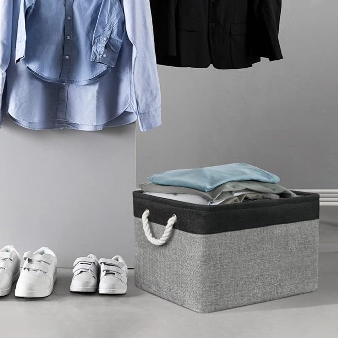 Organization and Storage Bins for Shelves - 17X15X12 inch 2 Pack Foldable Baskets for Organizing, Fabric Storage Cubes with Rope, Storage Box for Decorative Cloth (Black &amp; Grey)