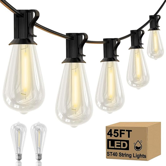 Abeja ST40 45Ft String Light with 30 LED Vintage Light Bulbs(2 Spare), E17 Scoket Base, ST40 LED Patio String Lights UL Listed for Patio Backyard Garden Bistro Porch String Lights, Black