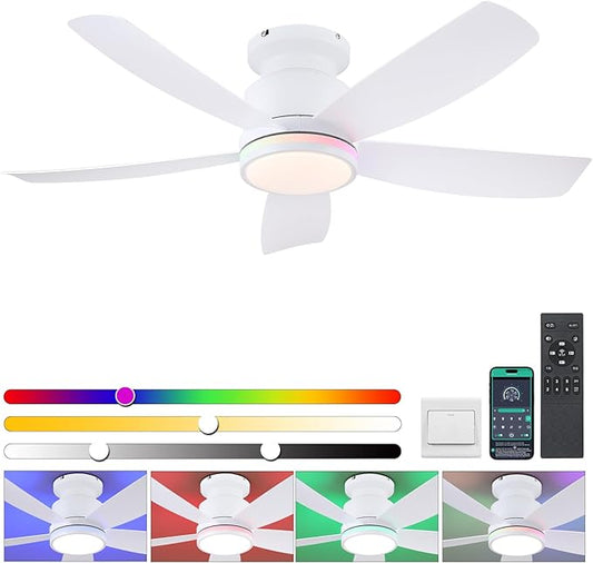 Ceiling Fans with Lights and Remote/APP Control, 41" Low Profile Ceiling Fan with Dimmable White Lights+RGB Ring Lights, 5 Reversible Curved Blades 3 CCT 6 Speeds for Bedroom Living Room, White