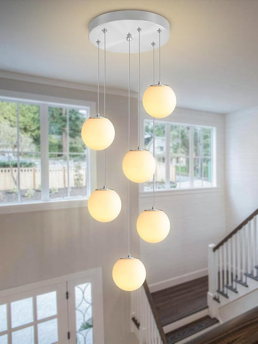 H 87in Globe Pendant Light 6-Lights Modern Hanging Chandelier for Kitchen Island Silver Globe Chandelier Milk White Glass Pendant Lighting for Living Room Bedroom Entryway