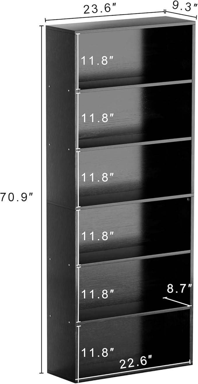 JAMFLY Open Bookshelf and Bookcase, 6 Shelf Storage Shelves Tall Bookcase for Bedroom, Living Room and Office, Black