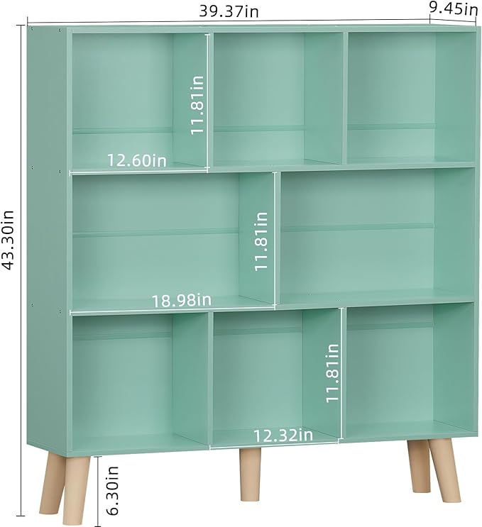 LEYAOYAO 8 Cube Bookshelf 3-Tier Bookcase with Legs, Mint-Green Kids Book Shelf Cute Storage Organizer, Large Open Toy Shelves Modern Bookshelfs,Display Bookcases for Bedroom,Living Room,Nursery