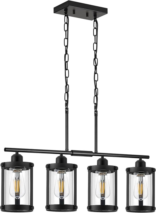 4-Light Kitchen Island Lighting, Black Linear Dining Room Light Fixtures with Clear Glass and Chain, Modern Farmhouse Chandelier Pendant Light for Kitchen Island Dining Room, OS-3014-4ISBK