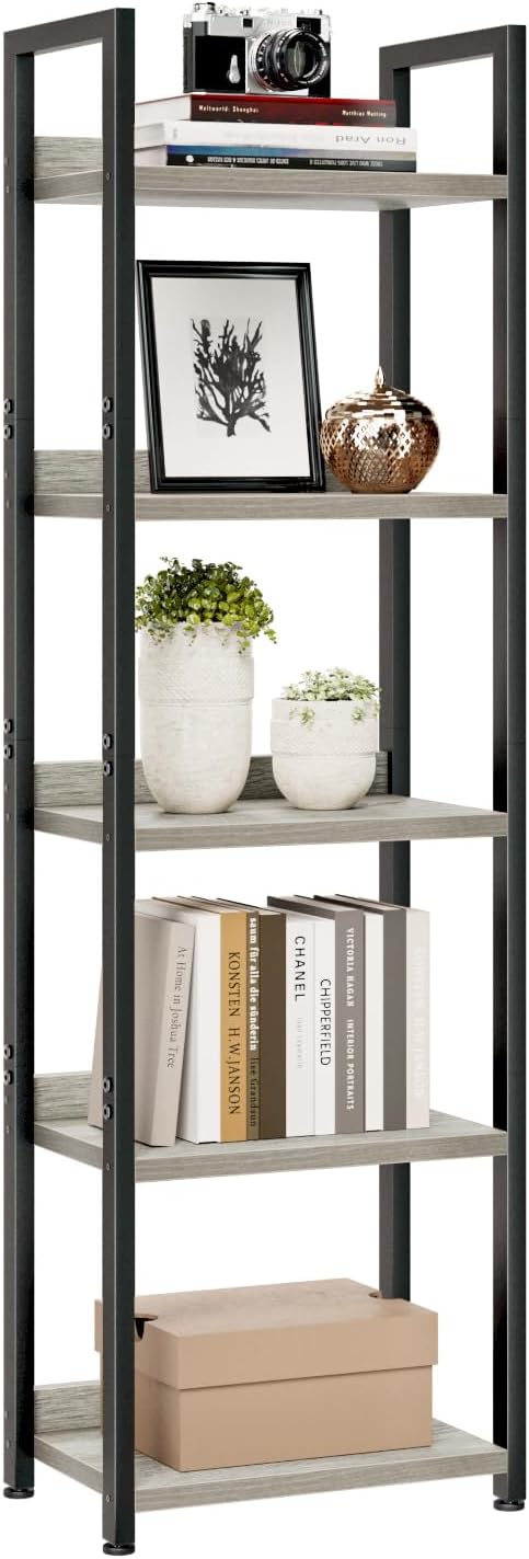 NUMENN Narrow Bookshelf, 5 Tier Bookshelfs, Home Office Bookcase Shelf Storage Organizer, Free Standing Storage Shelving Unit for Bedroom, Living Room and Home Office, Gray
