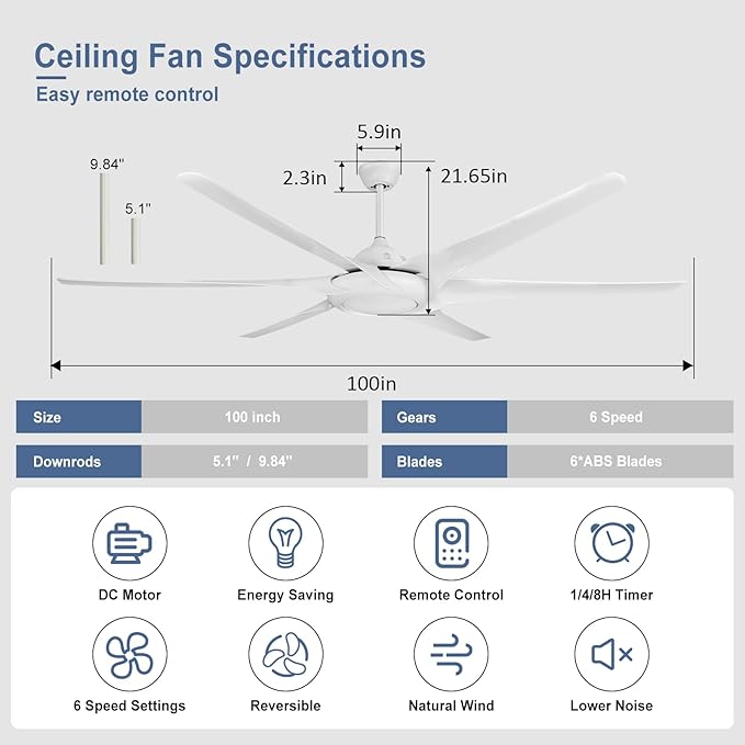 100 Inch Extra White Ceiling Fans without Lights, Indoor Outdoor Large Ceiling Fan with Remote 6 Blades Quiet DC Motor Industrial Ceiling Fans No Light for Big Home Garage Shop Patio