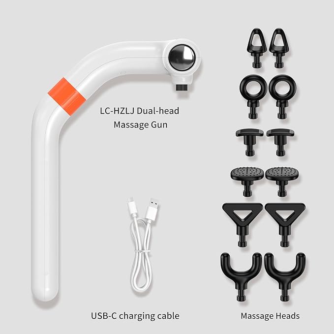 Dual-Head Massage Gun Deep Tissue with 3-in-1 Detachable Extension Handle, Handheld Percussion Back Massager for Muscle Neck Shoulder Body Pain Relief - 6 Speeds Levels (White)