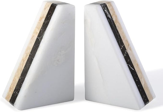 Marble Book Ends, Non-Skid Bookends for Shelves, Composite Bookend with Natural Marble, Heavy Duty Book Stopper, Collected CDs and Oversized Books Organizer, Gold &amp; Black Decorative Bookends