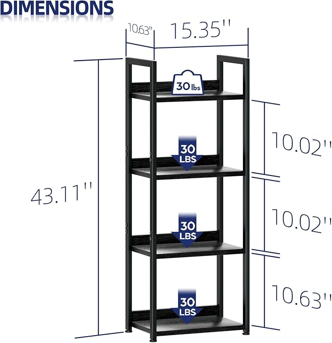 NUMENN Narrow Bookshelf, 4 Tier Bookshelfs, Home Office Bookcase Shelf Storage Organizer, Free Standing Storage Shelving Unit for Bedroom, Living Room and Home Office, Black