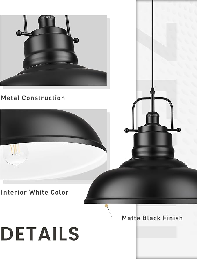 zeyu Black Pendant Lighting, 2 Pack Hanging Kitchen Lights, 1-Light Pendant Light with Metal Dome Shade, Matte Black Finish, 016-1M-2PK BK