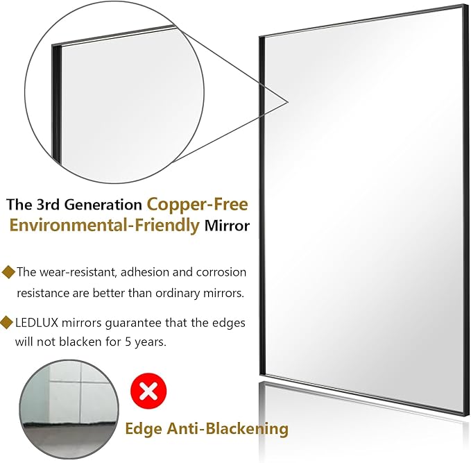 26x40 Inch Black Bathroom Mirror, Copper-Free Mirror, Aluminum Alloy Frame Vanity Mirror, Rectangle Wall Mounted Mirror, Modern Mirror for Bedroom/Living Room/Porch Horizontal or Vertical