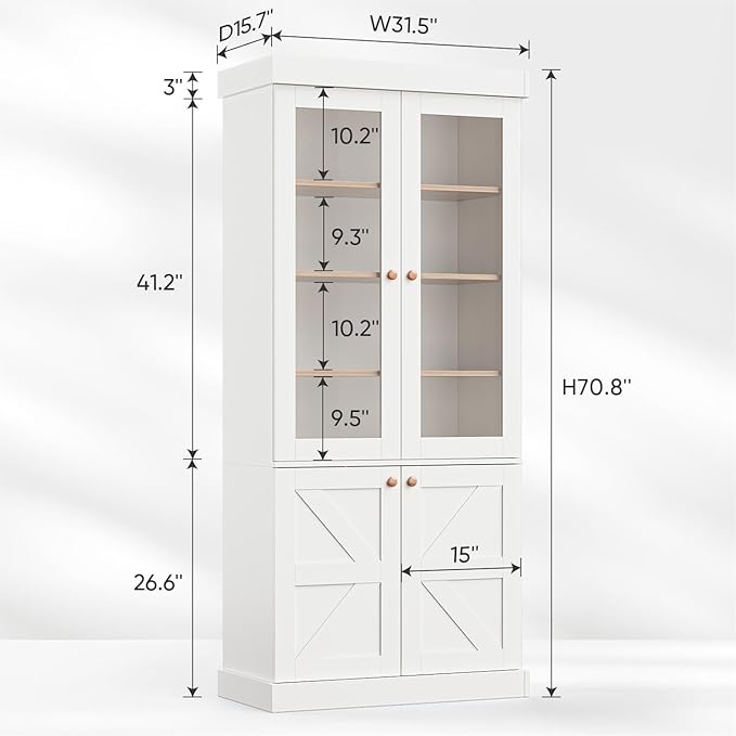 Vyre 71" Tall Farmhouse Kitchen Pantry, Set of 2 Large Storage Cabinets with Glass Doors, Adjustable Shelves, Wood Versatile Hutch Cabinet for Living Room, Dining Room
