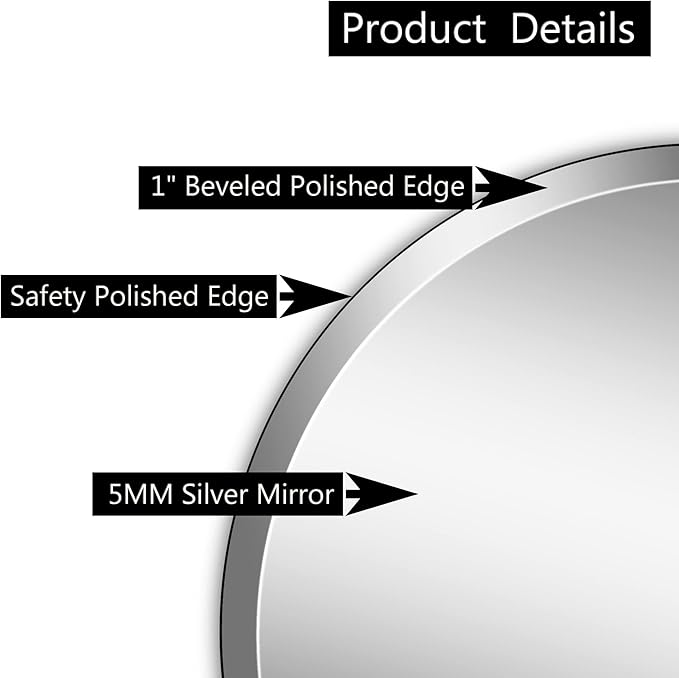 32" Frameless Beveled Round Mirror with 1" Edge for Bathroom, Entryways, Vanity, Wall Decor