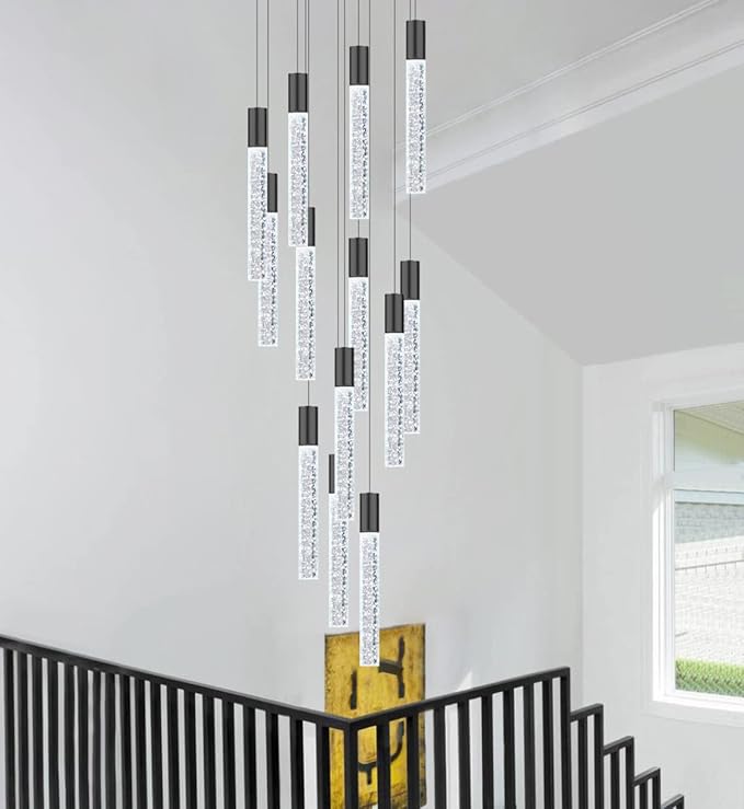 118" High Ceiling Chandelier Linear Crystal Pendants, Remote Dimmable, Compatible Sloped Ceilings, 12-Light Matte Black, 60 Watts LED, 4800 Lumens