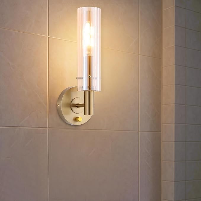 Modern Wall Sconces with Striped Amber Glass Shades Gold Brushed Brass Bathroom Vanity Light Fixtures Dimmer ON/Off Switch Indoor Wall Light for Mirror Living Room Bedroom Hallway Staircase