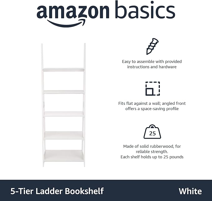 Amazon Basics Ladder Bookshelf Organizer, 5-Tier, Solid Rubberwood Frame, White Finish, 14D x 24.8W x 70.1H in