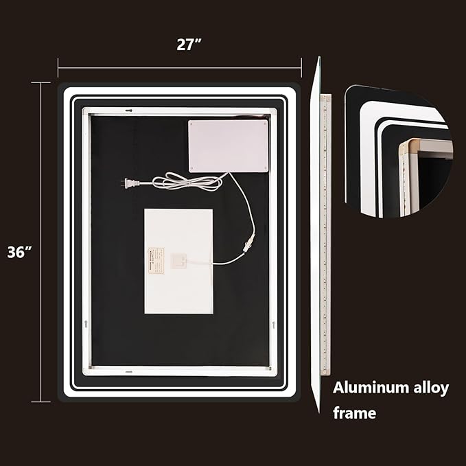 HOMECOOKIN Led Makeup Mirror, 27 x 36 inch Backlit Bathroom Mirror with Anti-Fog, 3 Colors Wall Mounted, Horizontal & Vertical