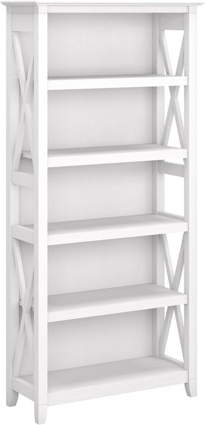 Bush Furniture Tall 5 Shelf Bookcase for Living Room or Home Office, Large Bookshelf, Modern Farmhouse Style, Key West Collection, Pure White Oak