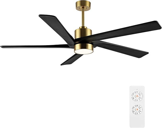 WINGBO 72" DC Ceiling Fan with Lights and 3 Downrods, 5 Carved Wood Blades, 6-Speed Reversible DC Motor, Large Ceiling Fan in Brass Finish with Black Blades, ETL Listed