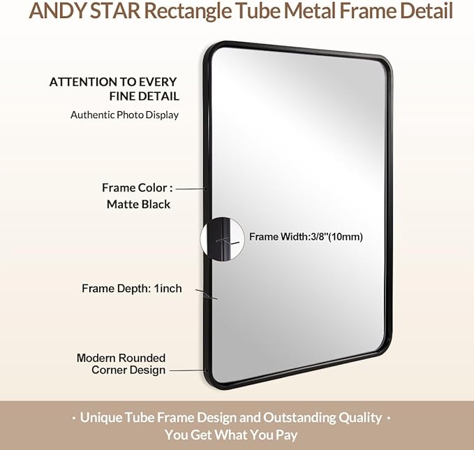 ANDY STAR 40X36 Inch Black Bathroom Mirror, Black Bathroom Vanity Mirrors for Wall, Rounded Rectangle Mirror for Bathroom, Seamless Tube Metal Frame, 1'' Deep Wall Mounted Vertical/Horizontal