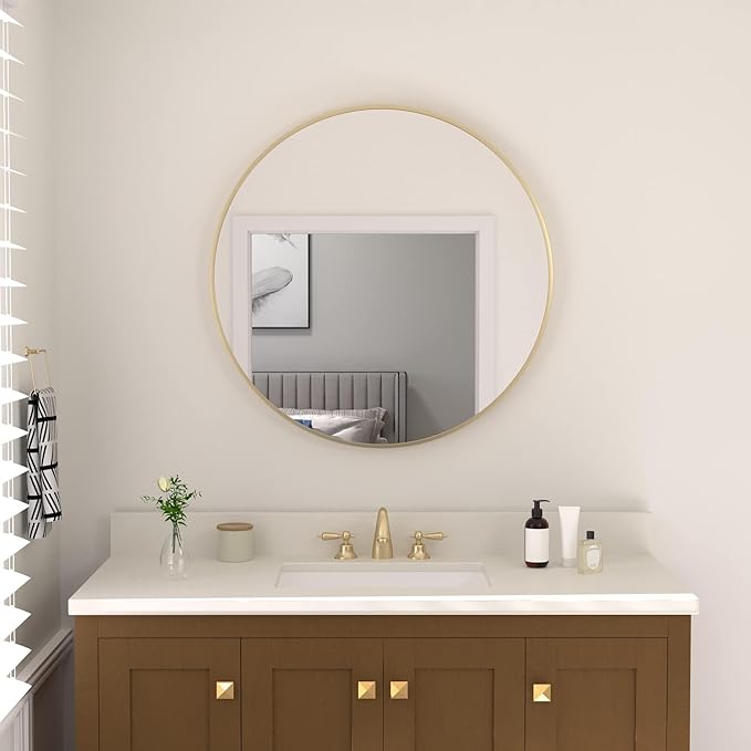 30 inch Gold Circle Wall Mirror, Brushed Gold Metal Framed Round Mirror for Bathroom Vanity, Bedroom Decor, Living Room, Entryway