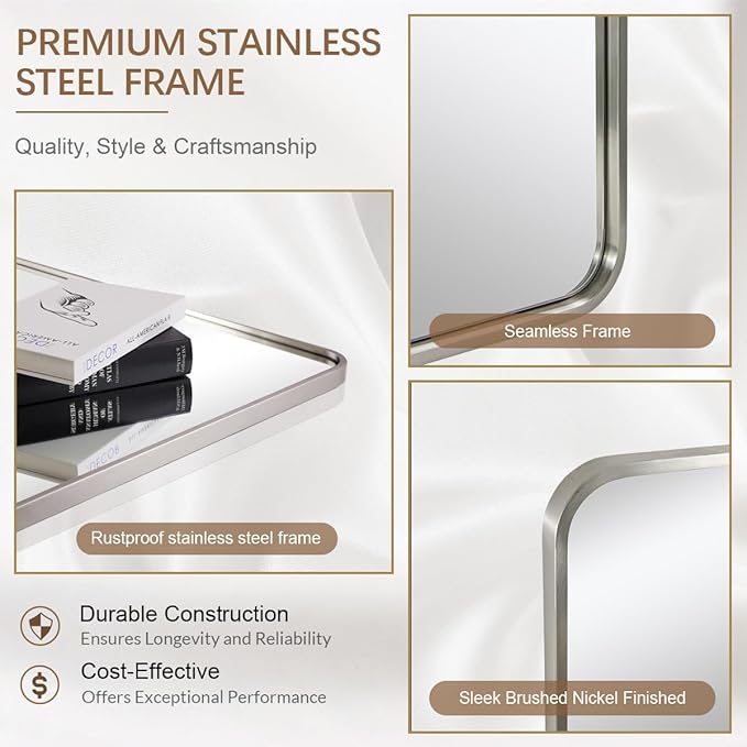 ANDY STAR Mirrors for Wall, 20x28'' Brushed Nickel Bathroom Mirror, Rounded Rectangle Mirrors for Vanity, Anti-Rust SUS304, Tube Metal Frame, 1'' Deep Wall Mounted Vertically/Horizontal