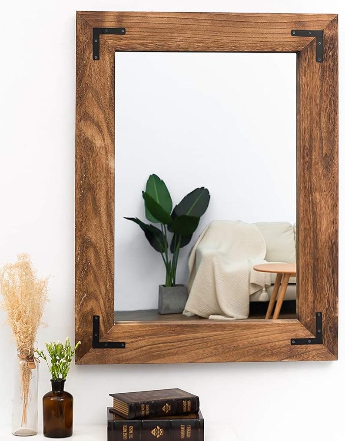 YOSHOOT Rustic Wooden Framed Wall Mirror, Natural Wood Bathroom Vanity Mirror for Farmhouse Decor, Vertical or Horizontal Hanging