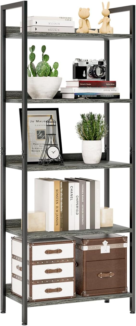 NUMENN Bookshelf, 5 Tier Bookshelfs, Home Office Bookcase Shelf Storage Organizer, Free Standing Storage Shelving Unit for Bedroom, Living Room and Home Office, Dark Gray