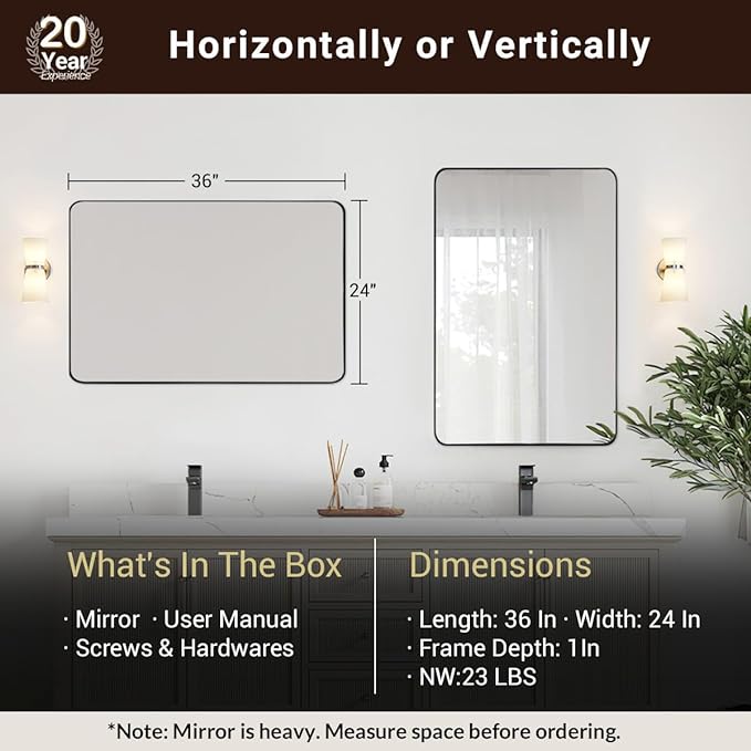 ANDY STAR Wall Mirror for Bathroom, 24x36 Matte Black Bathroom Mirror, Modern Stainless Steel Metal Frame with Rounded Corner, Rectangle Glass Panel Wall Mounted Mirror for Vanity