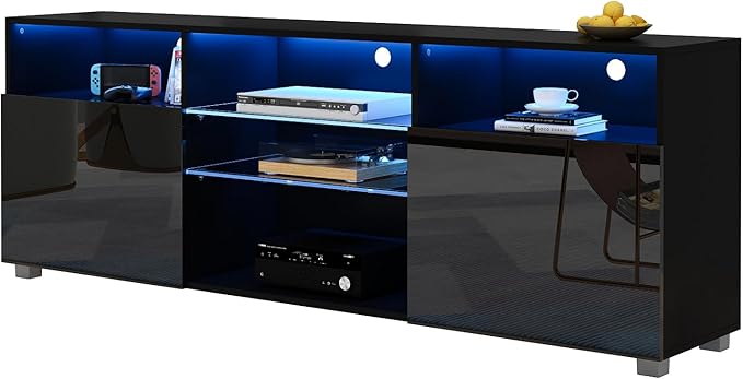 St.Mandyu LED TV Stand for 65/75 inch TV, Modern Television Table Center Media Console with Drawer and Led Lights, High Glossy Entertainment Center for Living Game Room Bedroom(Black)¡