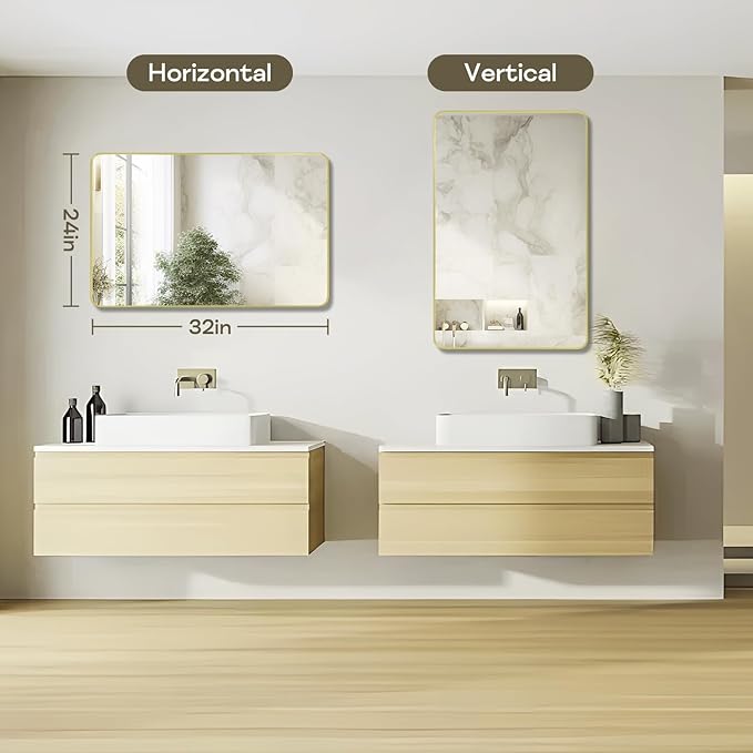 Gold Framed Bathroom Mirror, Brushed Gold Bathroom Vanity Wall Mirror, Rounded Rectangle Gold Frame Mirror, Tempered Glass, Anti-Rust, Hangs Horizontally or Vertically (24" x 32", Gold)