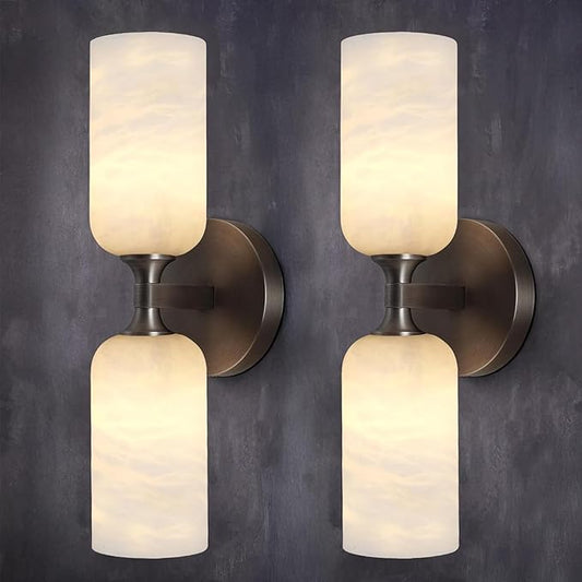 14in Modern Spanish Natural Marble Bathroom Vanity Sconces, Alabaster Wall Sconces Set of Two, Black Alabaster Sconce Wall Lighting, Black Wall Light Fixtures Decor