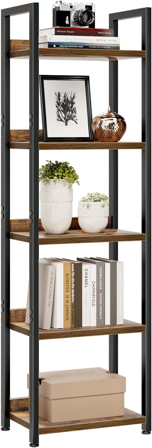NUMENN Narrow Bookshelf, 5 Tier Bookshelfs, Home Office Bookcase Shelf Storage Organizer, Free Standing Storage Shelving Unit for Bedroom, Living Room and Home Office, Vintage