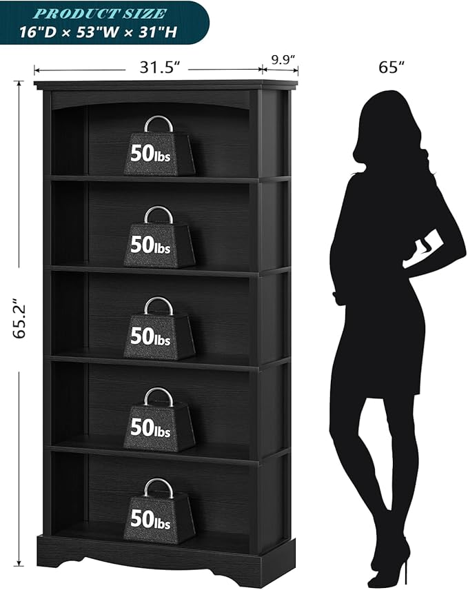 TVU 5-Tier Wooden Bookshelf, 65 Inch Tall Bookshelf with Storage, Floor Standing Modern Style Display Bookcase for Living Room, Office, Study Room, Entryway, Black