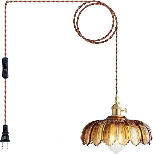 Plug in Pendant Light: Plug in Hanging Lamps 14.8ft Swag Cord with Rotating Switch, Amber Glass Hanging Lamp Fixture for Kitchen Island & Ceiling Hanging Lights